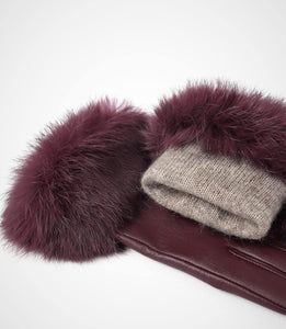 Real Leather Black Flat Winter Gloves w/Rabbit Fur Cuffs
