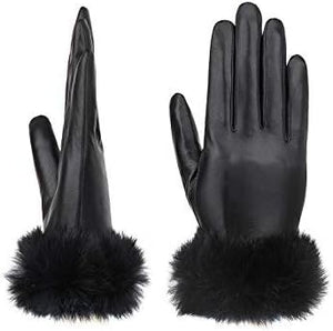 Real Leather Black Buckle Winter Gloves w/Rabbit Fur Cuffs