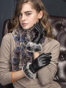 Real Leather Black Flat Winter Gloves w/Rabbit Fur Cuffs