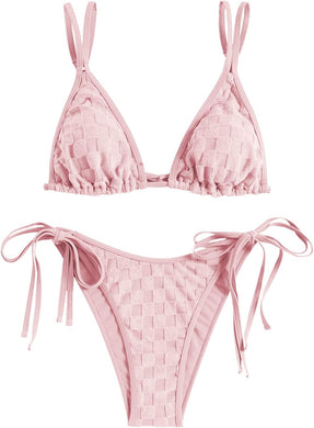 Soft Pink Checkered Summer Time 2pc Bikini Swimwear Set