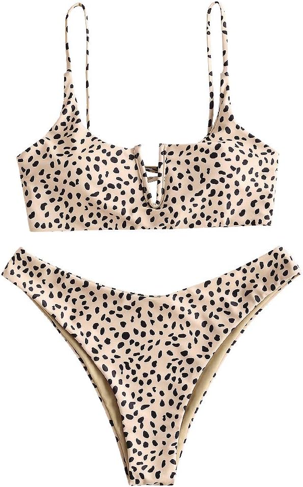 Cute Beige Dotted Print 2pc Bikini Swimwear Set