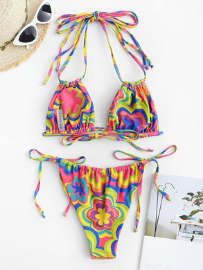 Mosaic Pink & Yellow Tie 2pc Bikini Swimwear Set