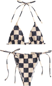 Beach Style Green Checkered Tie 2pc Bikini Swimwear Set