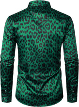 Load image into Gallery viewer, Men&#39;s Luxury Satin Printed Green Leopard Long Sleeve Dress Shirt