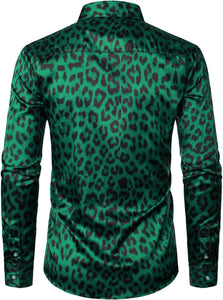 Men's Luxury Satin Printed Green Leopard Long Sleeve Dress Shirt