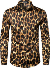 Load image into Gallery viewer, Men&#39;s Luxury Satin Printed Green Leopard Long Sleeve Dress Shirt