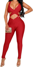 Load image into Gallery viewer, Red Criss Halter Sleeveless Bodycon Jumpsuit