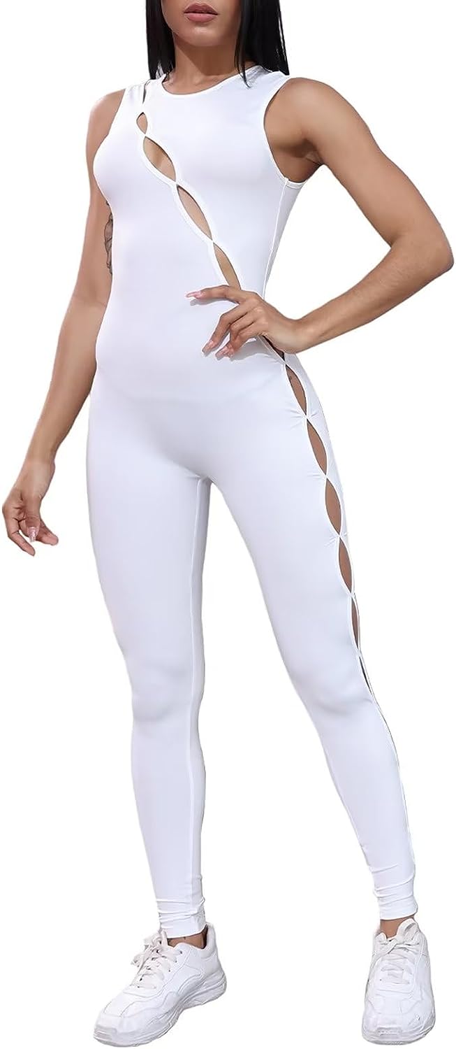 White Key Hole Cut Out Sleeveless Bodycon Jumpsuit