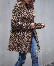 Load image into Gallery viewer, Leopard Brown Lapel Faux Fur Long Sleeve Coat