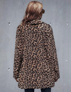 Leopard Brown Lapel Faux Fur Long Sleeve Coat