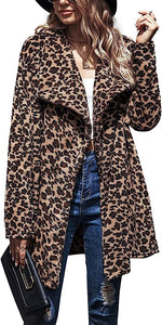 Leopard Brown Lapel Faux Fur Long Sleeve Coat