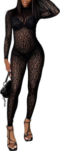 Black Cheetah Mesh Long Sleeve Bodycon Jumpsuit