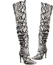 Load image into Gallery viewer, Designer Style Snakeskin Printed Stiletto Over The Knee Boots