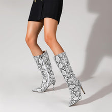 Load image into Gallery viewer, Snakeskin Leather Fashion Stiletto Knee High Boots
