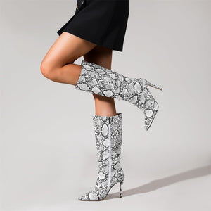 Snakeskin Leather Fashion Stiletto Knee High Boots
