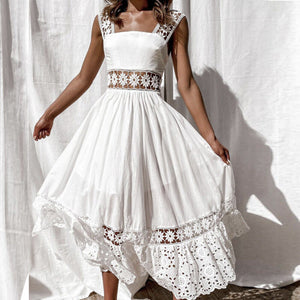 Boho White Crochet White Sleeveless Maxi Dress