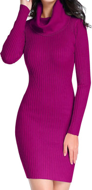 Cowl Neck Berry Pink Ribbed Knit Long Sleeve Sweater Dress