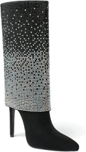 Load image into Gallery viewer, Stiletto Glitter Black Sequin Rhinestone Mid Calf Boots