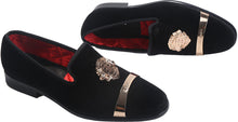 Load image into Gallery viewer, Men&#39;s Black Dress Fashion Velvet Loafers w/Gold Detail