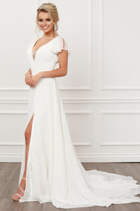 Elegant White V-Neck Chiffon Short Sleeve Maxi Dress