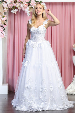 White Embroidered Lace Floral Applique Tulle Wedding Gown