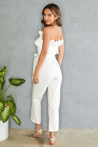 Ruffle Sleeveless White Belted Elegant Strapless Jumpsuit