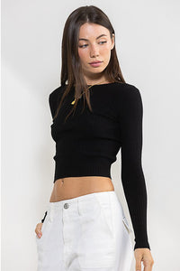 Causal White Ribbed Knit Long Sleeve Crop Top