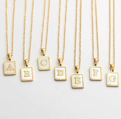 Golden Chain Square Natural Shell Initial Letter Pendant Necklace