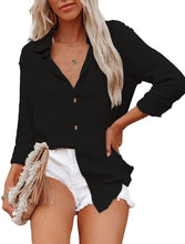 Load image into Gallery viewer, White Bamboo Cotton Long Sleeve Button Down Blouse