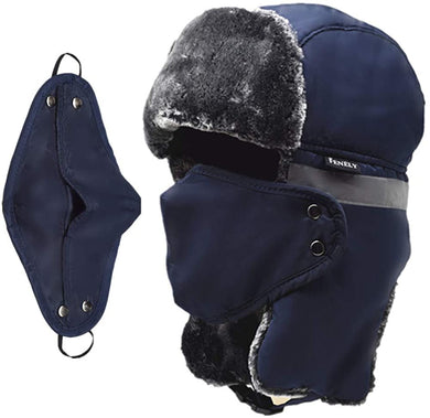 Navy Blue Protective Face Masks and Winter Hat with Ear Flaps