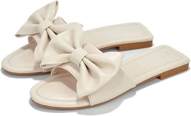 Summer Off White Vegan Leather Bow Knit Flat Sandals