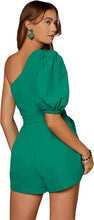 Load image into Gallery viewer, One Shoulder Green Puff Sleeve High Waisted Romper
