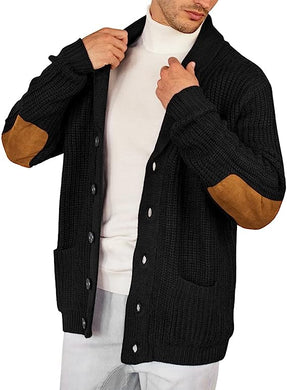 Men's Knit Black Shawl Collar Long Sleeve Button Down Sweater