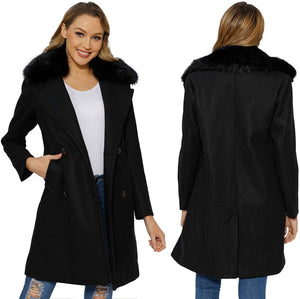 Faux Woolen Black Fleece Long Women's Trench Coat