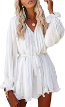 Load image into Gallery viewer, White Pleated Ruffled Long Sleeve Belted Shorts Romper