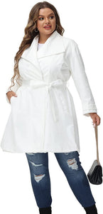 Lapel Trench White Plus Size Coat Belted Lightweight Long Jacket