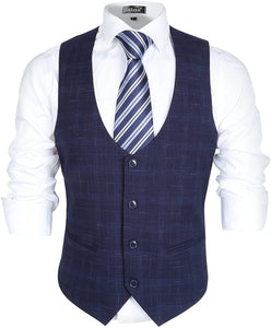 Navy Blue Textured Sleeveless Business Vest