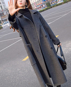 Women's Gray Double Breasted Long Sleeve Winter Trench Coat
