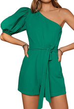 Load image into Gallery viewer, One Shoulder Green Puff Sleeve High Waisted Romper