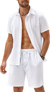 Men's White Linen Casual Short Sleeve Shorts Set