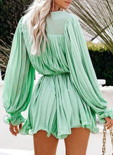 Load image into Gallery viewer, White Pleated Ruffled Long Sleeve Belted Shorts Romper
