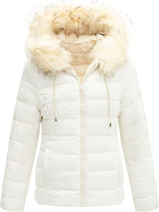 Faux Fur Collar White Reversible Hooded Puffer Coat