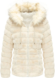 Faux Fur Collar White Reversible Hooded Puffer Coat