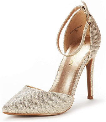 Silver Glitter Ankle Strap Pointed Toe Stiletto Heels