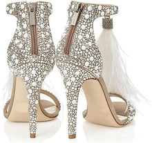 Load image into Gallery viewer, White Feather Rhinestone Ankle Strap Glitter Tassel Dress Heels