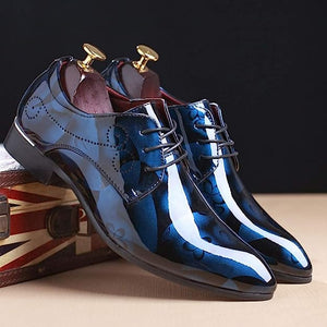 Men's Blue Floral Patent Leather Oxford Dress Shoes