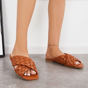 Square Open Toe Brown Braided Cross Band Flat Sandals
