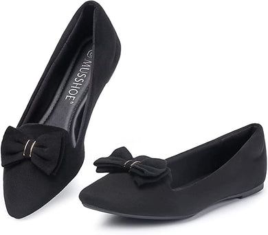 Suede Black Bow Tie Closed Toe Flat Shoes