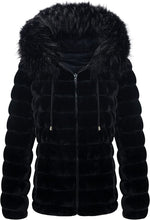 Load image into Gallery viewer, Faux Fur Collar Black Reversible Hooded Puffer Coat