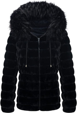 Faux Fur Collar Black Reversible Hooded Puffer Coat